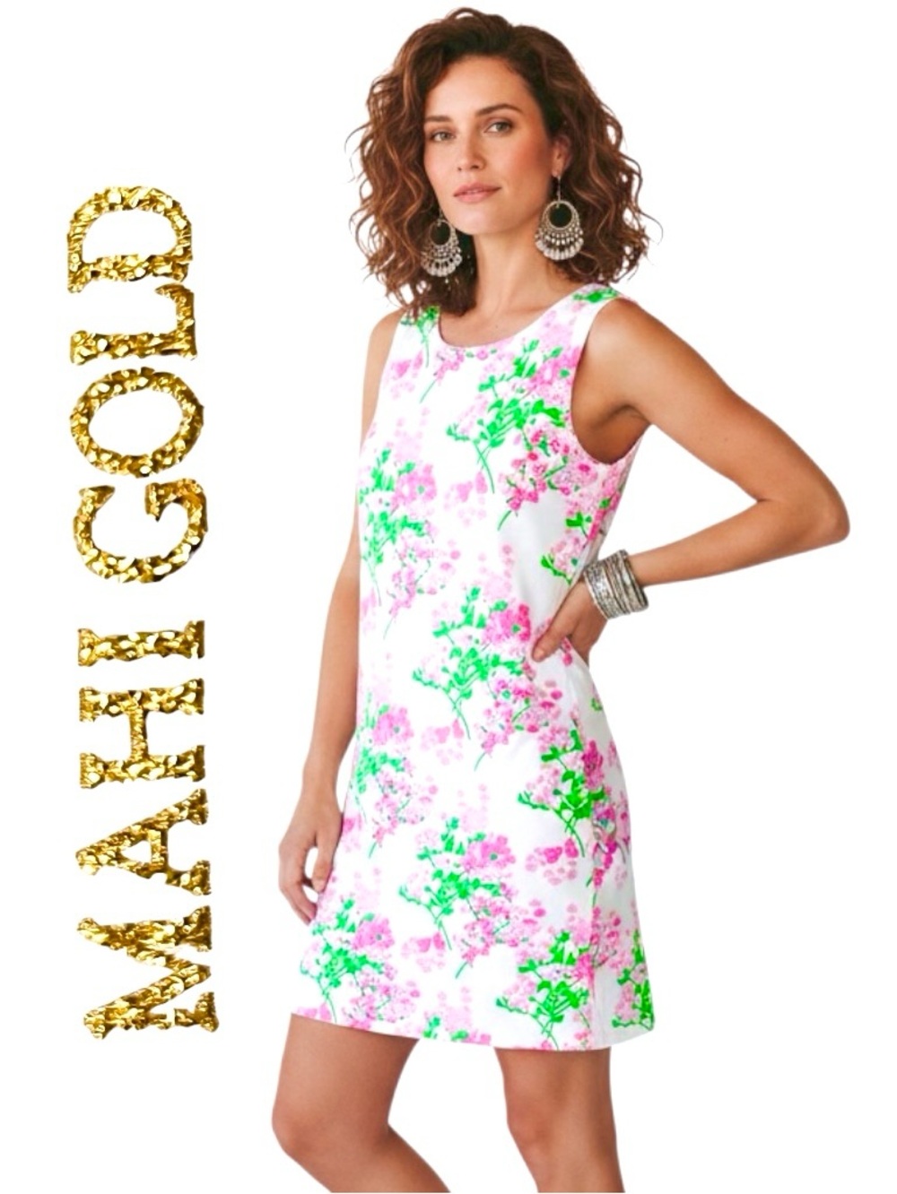 Mahi Gold Dress Resort White Floral Sleeveless Stretch Round Neck Sz L